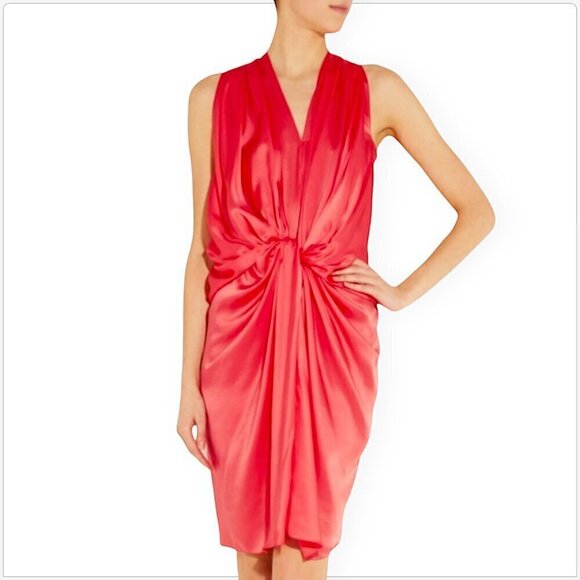 Lanvin Pink Geranium Knotted Draped Fluid Silk Satin Blouson Dress NEW NWOT 34 - Picture 2 of 11